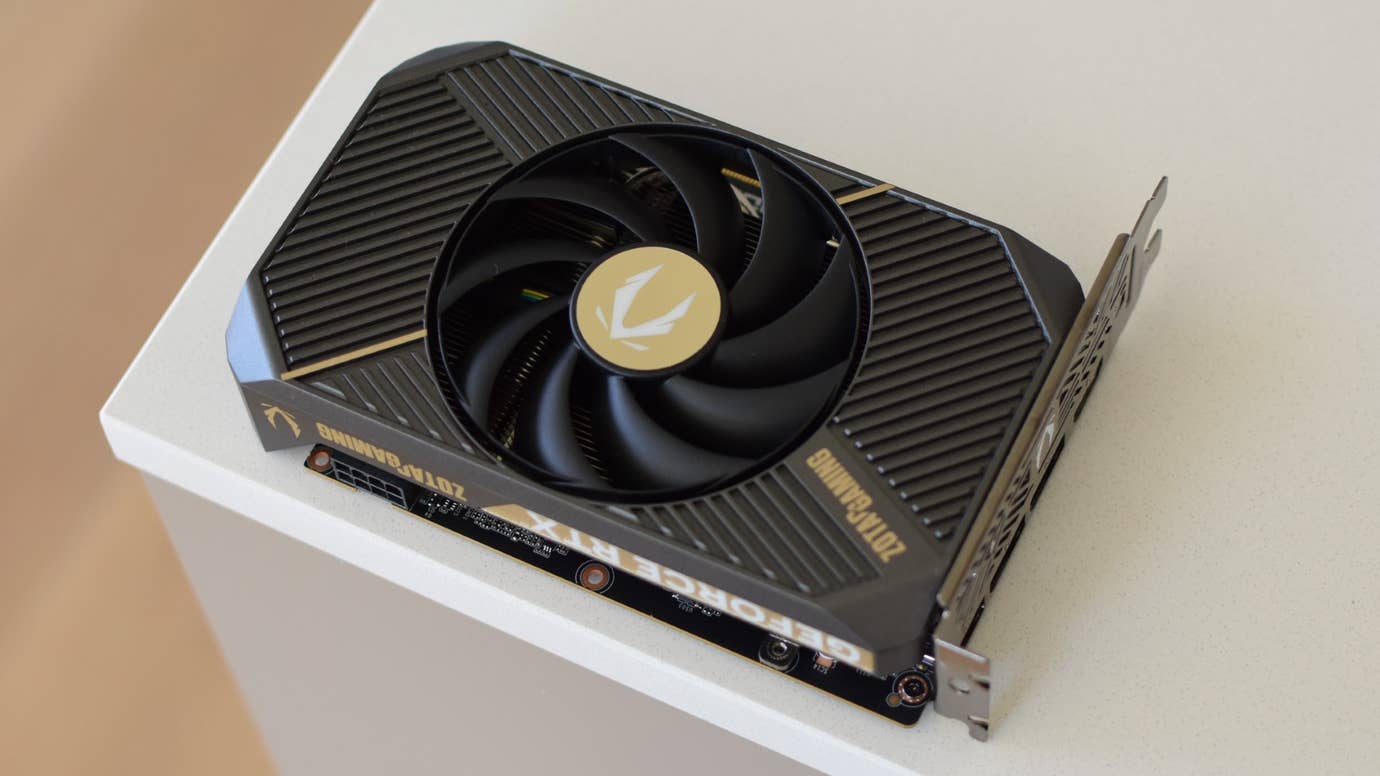 The Zotac Gaming GeForce RTX 5060 Solo graphics card on a countertop.